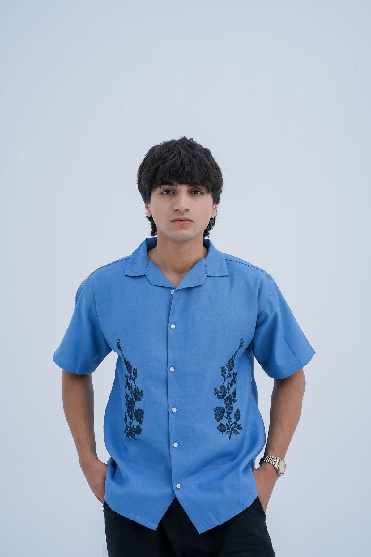 Rosette Embroidered Camp Shirt - front view