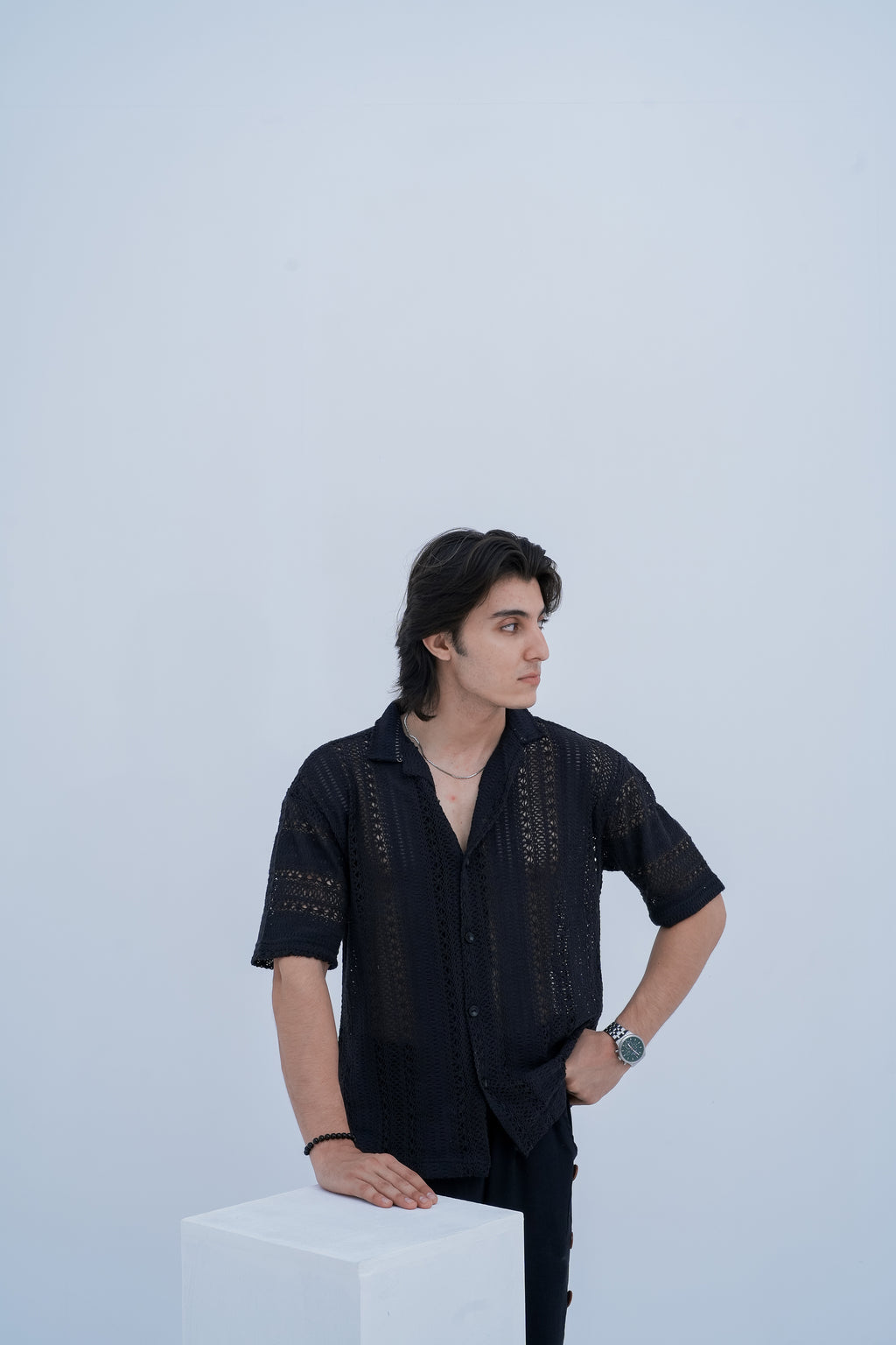 Mesh Weave Camp Shirt - front view leaning